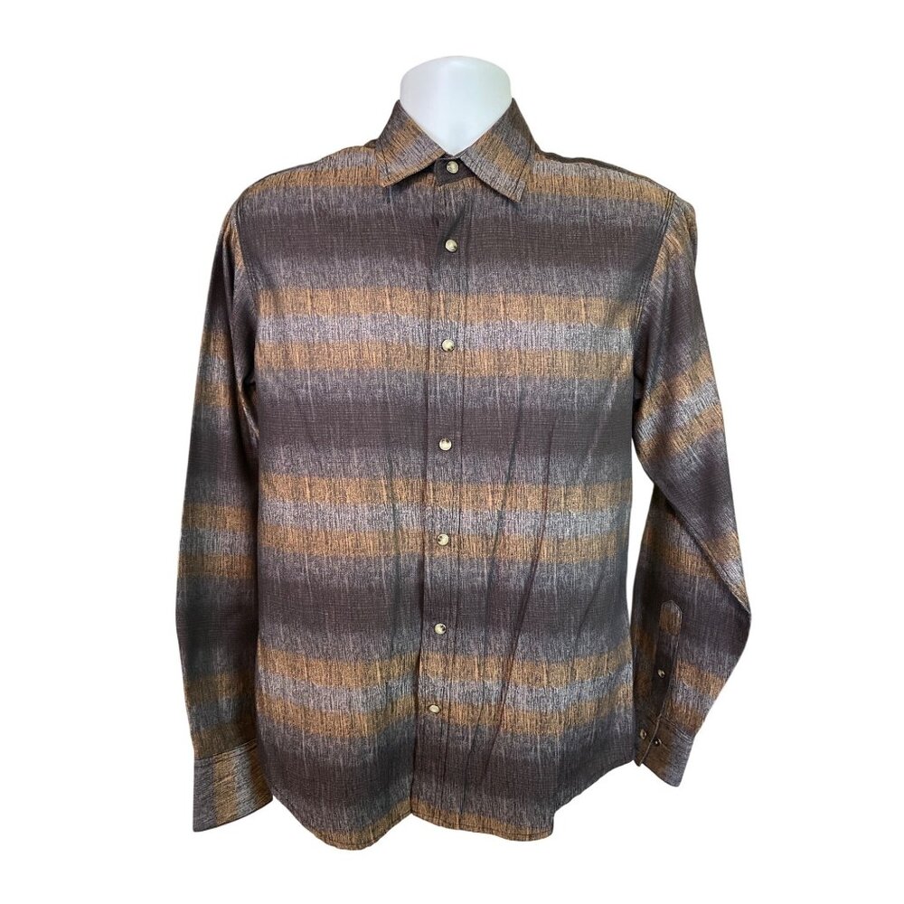 Age Of Wisdom Mens Pearl Snap Striped Brown Gold Long Sleeve Western